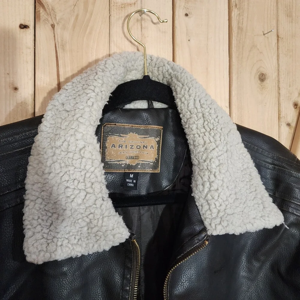 Arizona Jean Company Mens Black Faux Leather Sherpa Collar Bomber Jacket M y2k